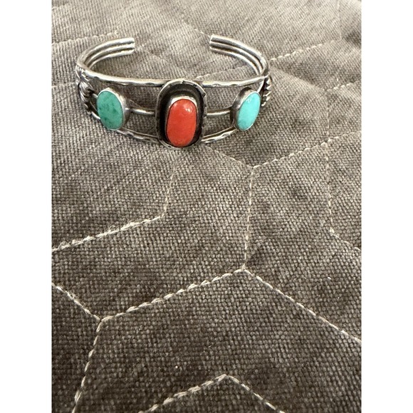 Vintage Navajo Sterling Silver Cuff Bracelet with Coral & Turquoise Cabochons - Picture 2 of 5